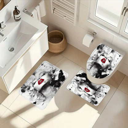 1/3/4pcs Butterfly Kiss II Shower Curtain Set, Black and White Background Red Lip Butterfly Print Bathroom Decor, Includes Bath Mat, U-Shaped Mat, Toilet Lid Cover, 70.87x70.87inch, Curtain with 12 Hooks, "Butterfly Kiss II,