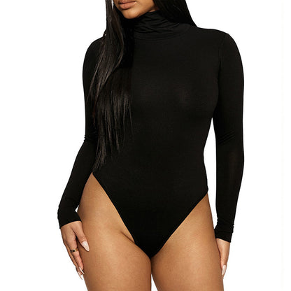 2025 Cross-border Autumn and Winter Basic Bottoming Women's Wear European and American Simple High Neck Long Sleeve Slim-fit bodysuit