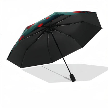 Automatic Folding Umbrella A red and black crow perched on a branch with red hearts against a full red moon. Portable collapsible design, casual outdoor accessory, Christmas birthday festival friends family