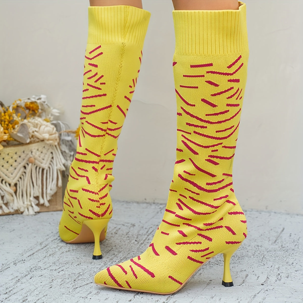 Women'S Plus Size Pointed Toe Stiletto Heel Knee-High Boots - Slip-On Chunky Heel Fabric Upper with Rubber Sole, Vibrant Yellow Fashion Boots for Casual & Formal Outfits, High Heel Boots, Formal Footwear, Pointed Toe Boots, D