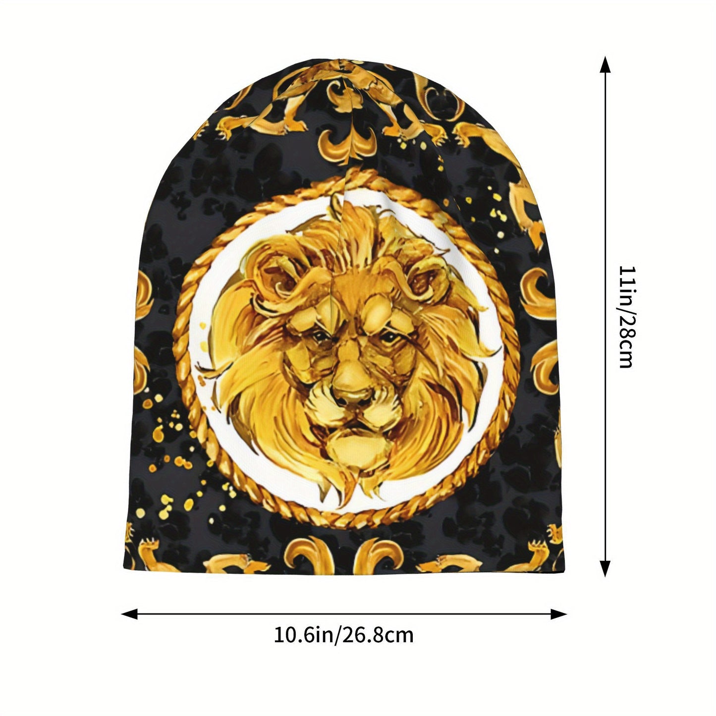Lightweight Comfort | Golden Lion Damask Bonnet Hat for Men & Women – Lightweight, Stylish Hip Hop Beanie Cap with Ornate Golden Lion Design, Black Background with Rope Patterns, Perfect for Autumn & Spring Warmth