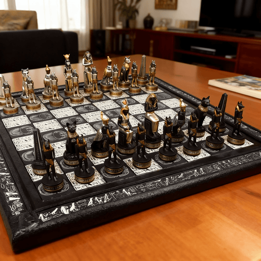 Egyptian Anubis Black Silver and Gold Chess Set w/ 16" Hieroglyphics Board – Top Trending Chess Set, Best Seller, Limited Stock, Fast Shipping, Popular Choice, Must-Have, Top Rated, Customer Favorite, Top Hot Seller, Perfec
