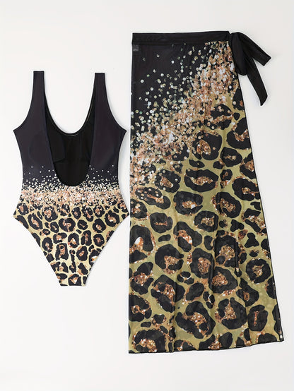 Lake Green Limited Edition Leopard Print One-Piece Swimsuit + Leopard Print Wrap Skirt