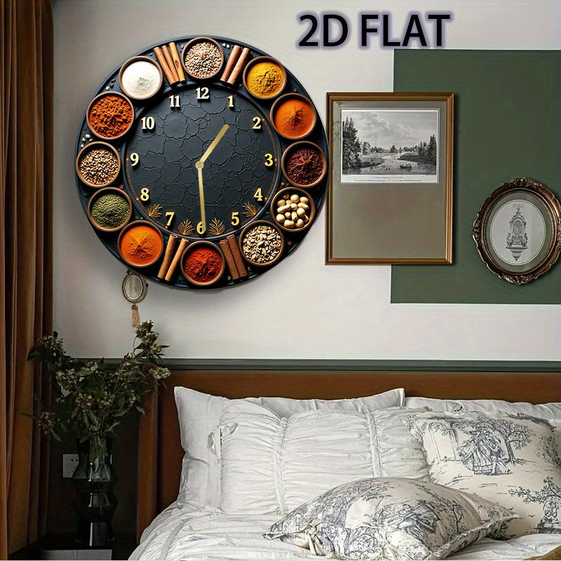 8-Inch Silent Round Wall Clock with Spice & Seasoning Holder - Acrylic Quartz Movement Kitchen Clock with Multicolor Spice Display (Cinnamon, Turmeric, Chili, Peppercorns) & Golden Hands - Battery-Powered (AA Not Included) fo