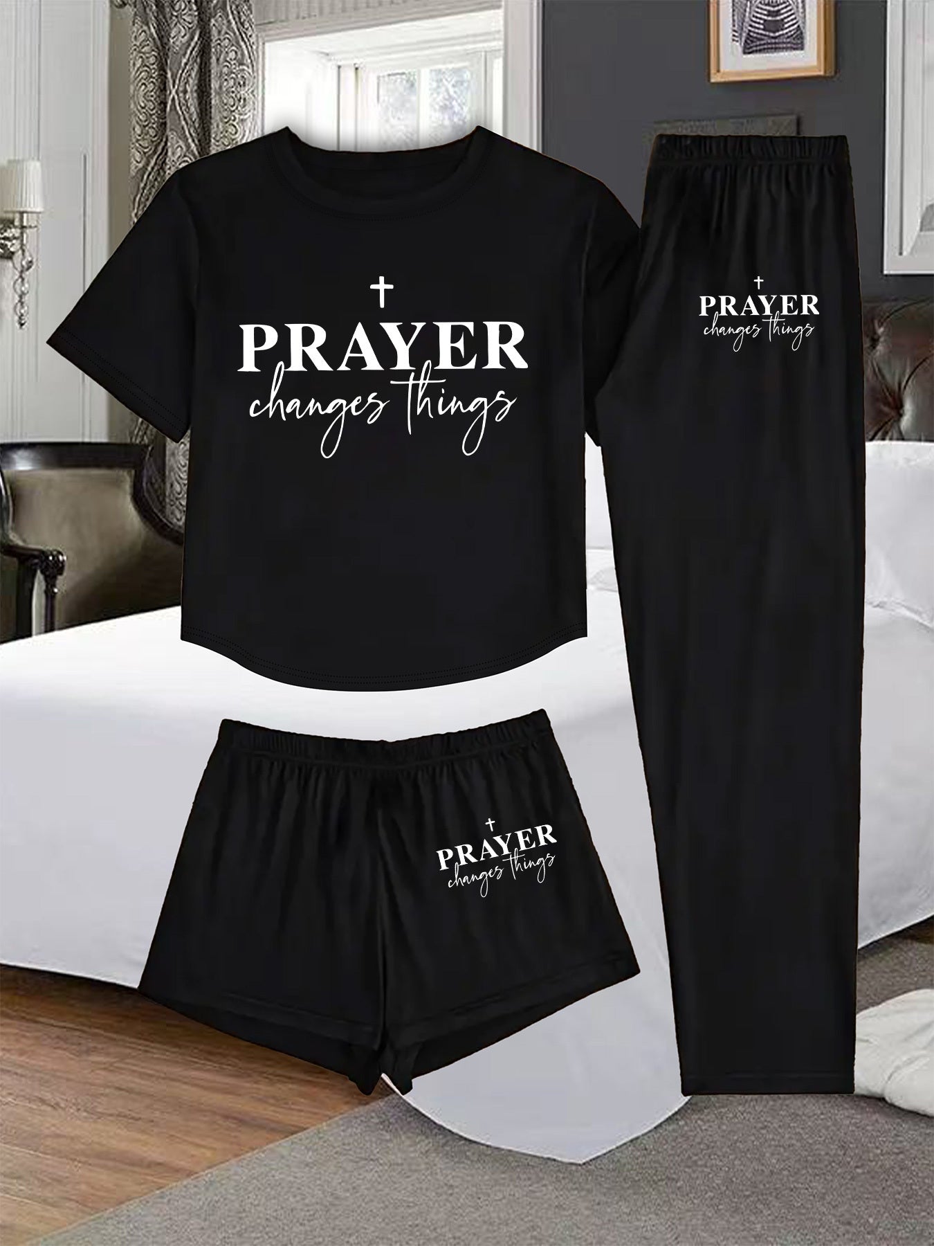 3pcs Women's Pajama Set - Faith Prayer Theme Sleepwear with Verse Print (Prayer Changes Things), Short Sleeve T-Shirt, Shorts & Lounge Pants - Breathable Pajamas for Bedtime, Church & Casual Attire - Machine Washable