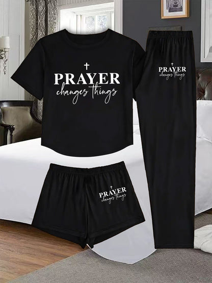 3pcs Women's Pajama Set - Faith Prayer Theme Sleepwear with Verse Print (Prayer Changes Things), Short Sleeve T-Shirt, Shorts & Lounge Pants - Breathable Pajamas for Bedtime, Church & Casual Attire - Machine Washable