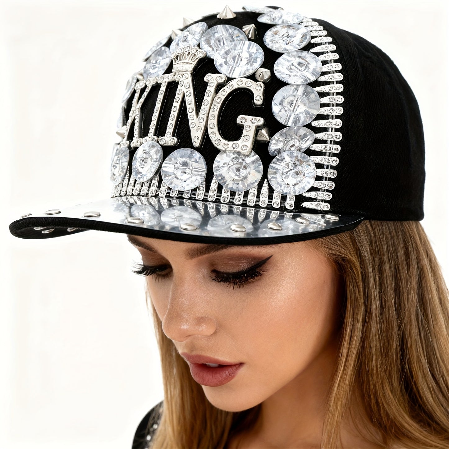 Unisex Stylish Rhinestone "KING" Baseball Cap - Lightweight Polyester, Black with Sparkling Embellishments, Perfect for Casual Outings and Parties, Statement Fashion | Edgy Baseball Cap | Metallic Accents