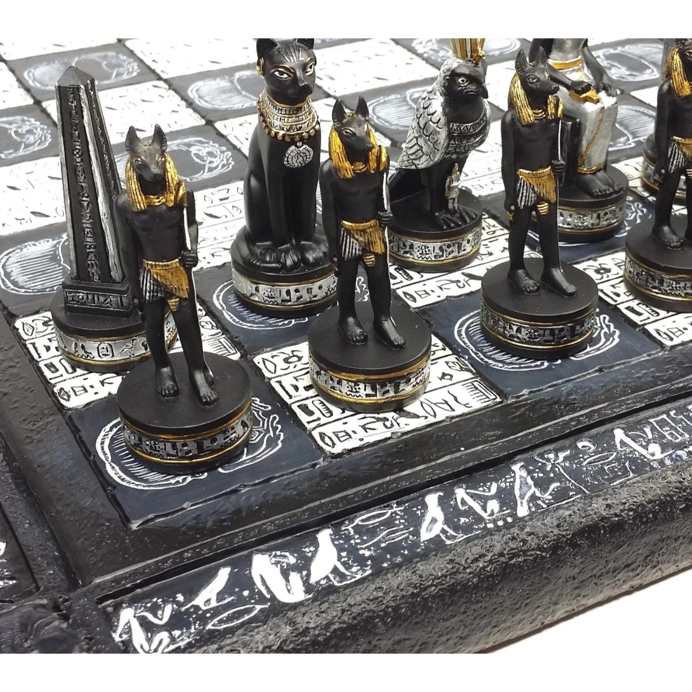 Egyptian Anubis Black Silver and Gold Chess Set w/ 16" Hieroglyphics Board – Top Trending Chess Set, Best Seller, Limited Stock, Fast Shipping, Popular Choice, Must-Have, Top Rated, Customer Favorite, Top Hot Seller, Perfec