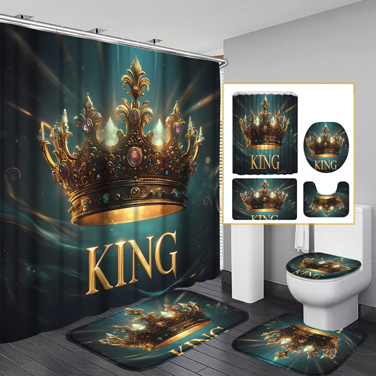 4pcs King Pattern Shower Curtain Set, Fashion Bathroom Curtain Set with 12 Hooks Included, Matching Anti Slip Mats & Toilet Covers, Modern Bathroom Accessories Ideal for Home Decor & Housewarming Gift