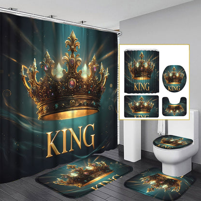 4pcs King Pattern Shower Curtain Set, Fashion Bathroom Curtain Set with 12 Hooks Included, Matching Anti Slip Mats & Toilet Covers, Modern Bathroom Accessories Ideal for Home Decor & Housewarming Gift