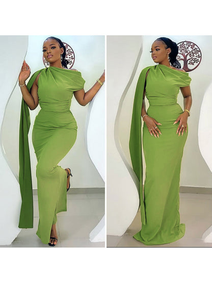 Women's Slim Fit Single Shoulder Dress - Elegant Strapless Diagonal Collar Long Evening Gown Suitable for Weddings, Galas, Proms - Year-Round Formal Dress