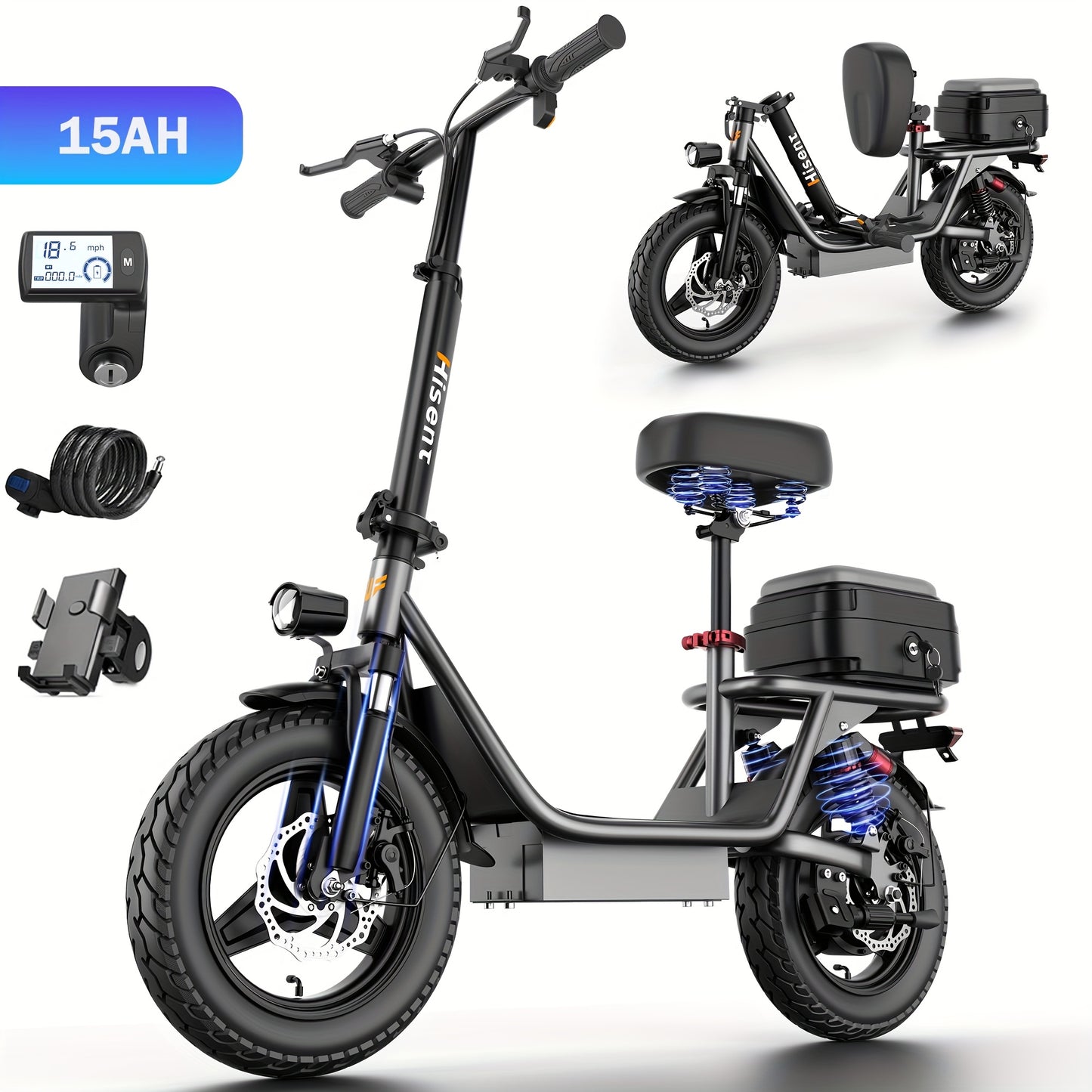 Hisent Adult Electric Scooter- 20 Mph, 740W Peak Motor, 10Ah/15Ah Lithium Battery, 15-40 Mile Range, 14 Foldable With Seat And Storage Box, Dual Suspension, Dual Brake System, Ample Storage, Alloy Steel Frame Durable, Commute