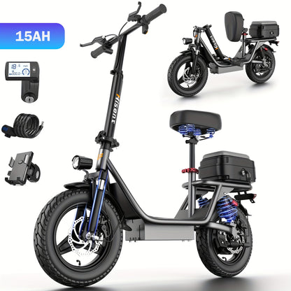 Hisent Adult Electric Scooter- 20 Mph, 740W Peak Motor, 10Ah/15Ah Lithium Battery, 15-40 Mile Range, 14 Foldable With Seat And Storage Box, Dual Suspension, Dual Brake System, Ample Storage, Alloy Steel Frame Durable, Commute