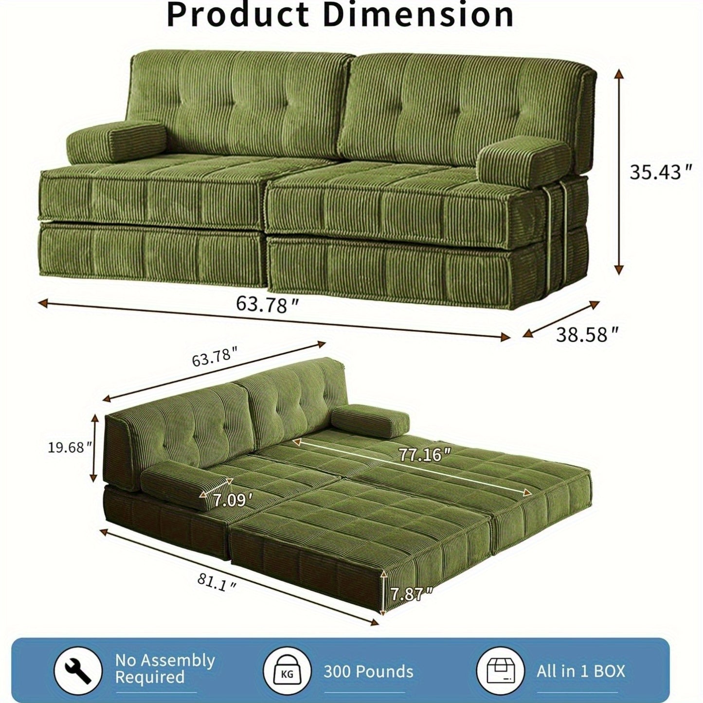 Convertible Sleeper Sofa Bed with Stainless Steels Fixed Frame, Corduroy Folding Futon Couch Bed with Square Pillows, Modular Floor Sofa Lounge Couches Living Room Bedroom-Green