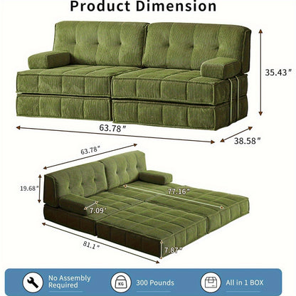 Convertible Sleeper Sofa Bed with Stainless Steels Fixed Frame, Corduroy Folding Futon Couch Bed with Square Pillows, Modular Floor Sofa Lounge Couches Living Room Bedroom-Green