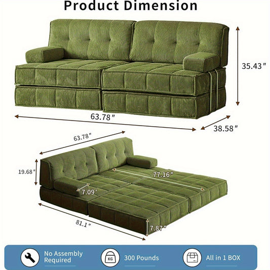Convertible Sleeper Sofa Bed with Stainless Steels Fixed Frame, Corduroy Folding Futon Couch Bed with Square Pillows, Modular Floor Sofa Lounge Couches Living Room Bedroom-Green