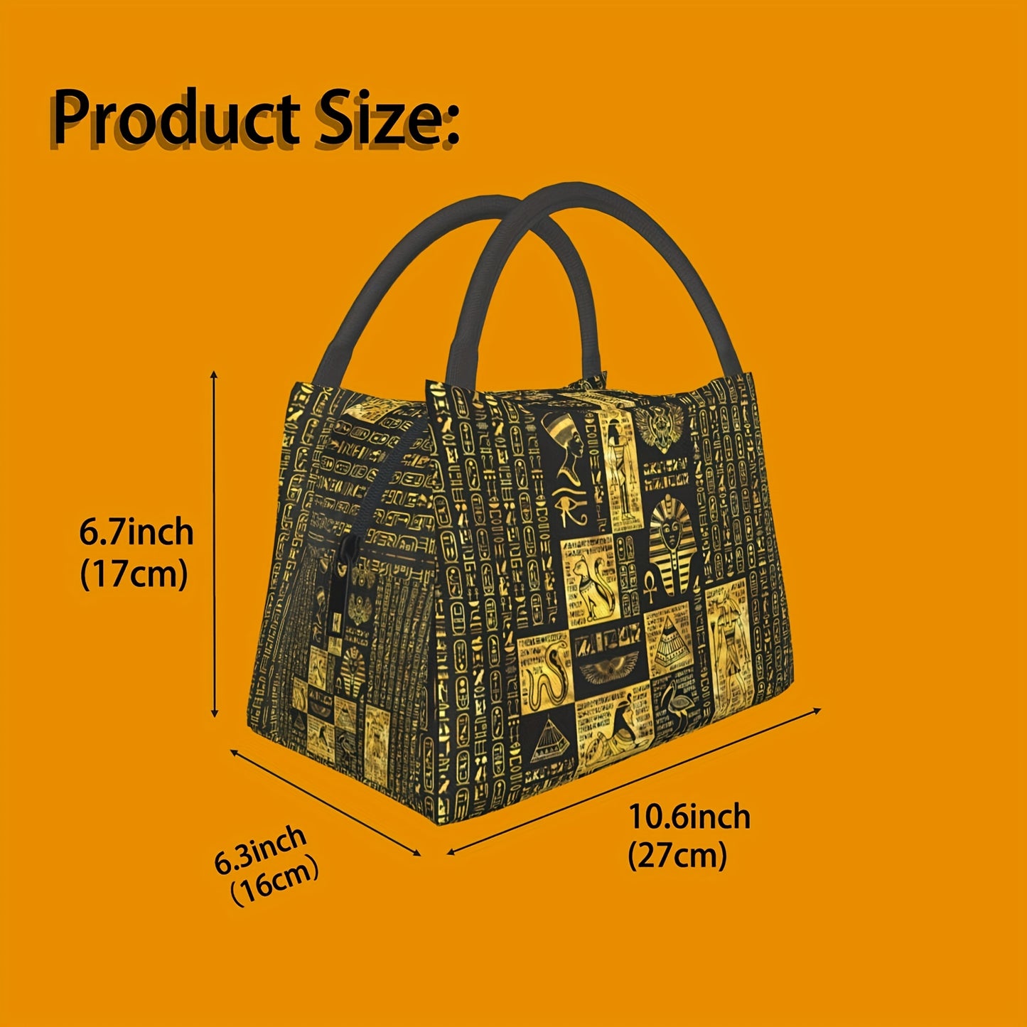 1pc Egyptian-Themed Insulated Lunch Bag – Portable & Reusable Cooler Tote with Hieroglyphic Patterns, Black Handles, Perfect for Home, Office, Outdoor Use, and Gifts for Friends, Teens, and Family, Lunch Bag Insulated