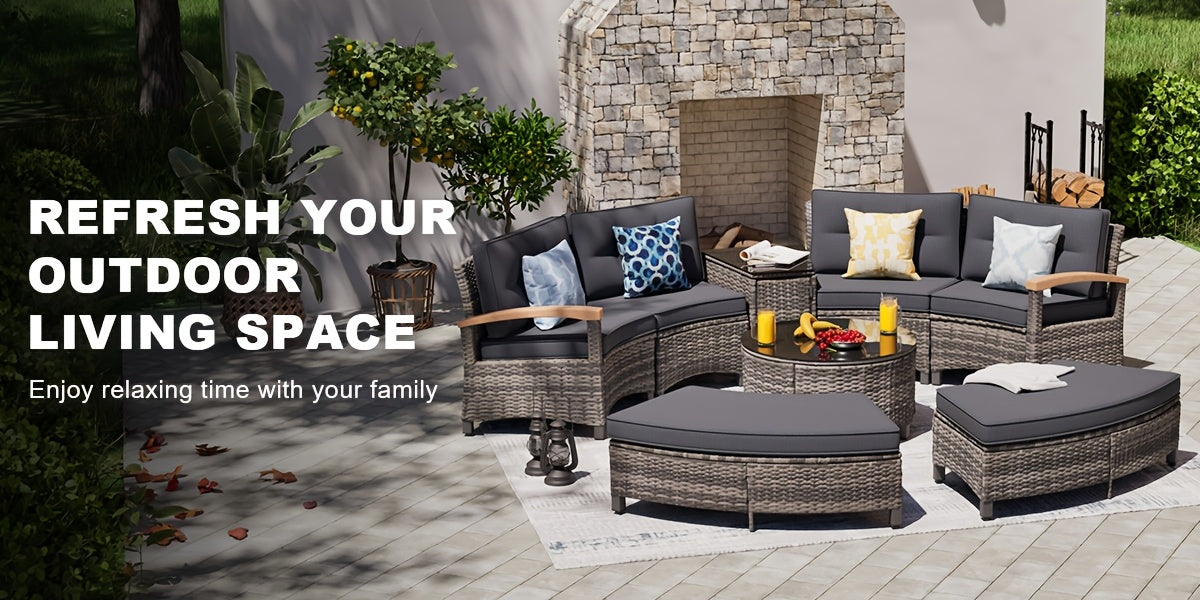 8-11pcs Outdoor Patio Furniture Set, Half-Moon Curved Sectional Sofa Rattan Patio Conversation Set with Wood Armrests for Porch, Backyard - Tempered Glass Round Coffee Table & Side Table, Patio Furniture And Decor, Patio Set,