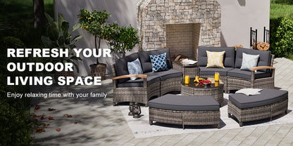 8-11pcs Outdoor Patio Furniture Set, Half-Moon Curved Sectional Sofa Rattan Patio Conversation Set with Wood Armrests for Porch, Backyard - Tempered Glass Round Coffee Table & Side Table, Patio Furniture And Decor, Patio Set,