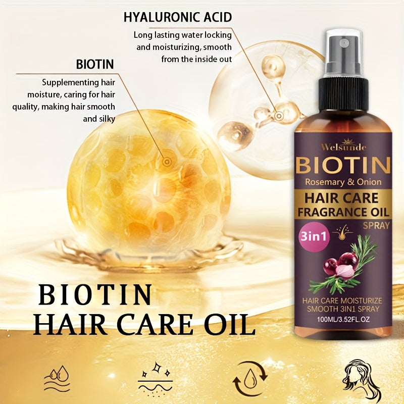 3-In-1 Rosemary And Onion Hair Care Oil Spray, No Rinse Required, Refreshing Lazy Fragrance, Smooths Hair, Salon-Grade Heat Protection Formula, Adds Natural Volume, Professional Quality Care, Ideal for Everyday Use, Unisex