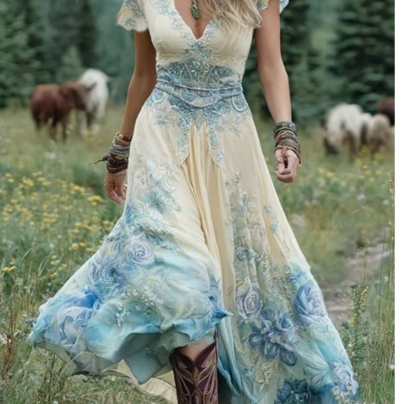 Women's Bohemian A-Line Midi Dress with Pockets - Short Sleeve V-Neck Blue Purple Pink Green Floral print Dress, Lightweight Breathable Fabric Suitable for Spring Summer Fall, Casual to Semi-Formal Occasions