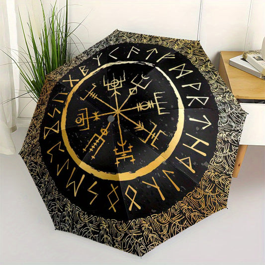Viking Vegvisir Compass Umbrella - Cartoon Design, Portable Folding with Durable Iron Frame & 8 Ribs, All-Season Use for Home, Travel, Outdoor - Black with Golden Accents, Travel Umbrella, Outdoor Protection, Cartoon Umbrella