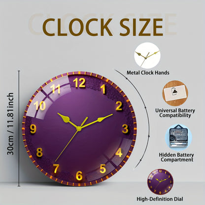 Large Modern Purple & Golden Wall Clock with Black Hands - 30cm/11.81" Thick Tempered Glass Silent Quartz Movement, Mechanism, Modern Round Wall Clock for Living Room, Bedroom, Office - Elegant Purple Face with Golden Hands,