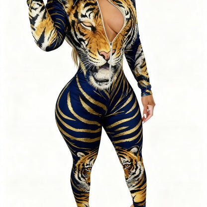 Women's Lightweight Full-Body Animal Print Jumpsuit - Zipper Front/Back Closure Long Sleeve Romper Suit, Tight-Fit Collar for all-Season Casual Wear, Machine Washable Daily Outfit & swear (Non-)