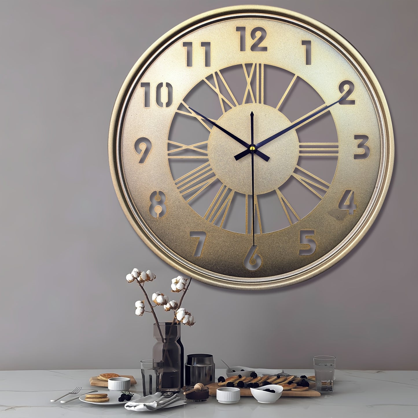 One 16-inch large wall clock, silent with no ticking sound, battery-powered digital clock, industrial metal indoor clock, suitable for living rooms, kitchens, cafes, home decor - available in black, Golden, and Silvery