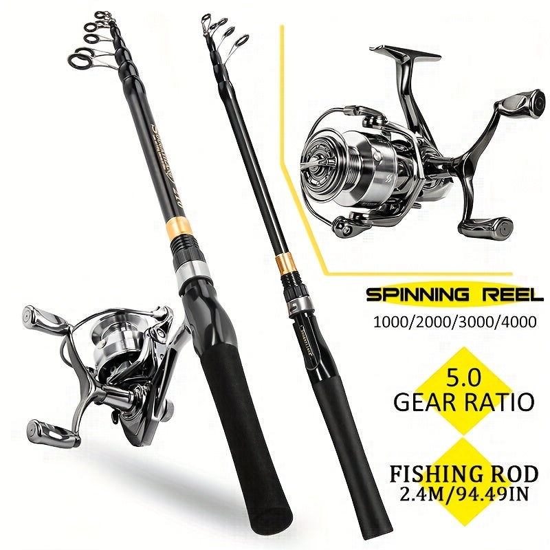 SOUGAYILANG Heavy-Duty Carbon Fiber Fishing Rod & Reel Combo with 5.0:1 Gear Ratio Spinning Wheel, Medium Power Fast-Retraction Line System, Complete Lure Kit (Hooks, Beads) - All-in-One Freshwater Bass Pike Trout Fishing for