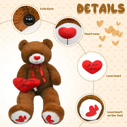 53" Big Teddy Bear Stuffed Animals with Footprints And 14" Heart-shaped Plush Pillow Plush Toy for Girlfriend (White Pink Brown Blue Purple), Stuffed Animals, Huge Stuffed Animal, Small Stuffed Animals, Cuddly Companion, Gift