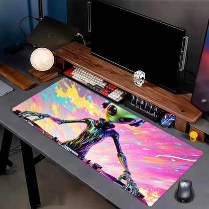 1pc Large Alien DJ Gaming Desk Mat & Mouse Pad - Neon Glow Green/Blue/Pink/Black/Purple, Non-Slip Surface, DJ Turntable Design Computer Accessory for PC/Laptop, Ideal Gift for Gamers & Music Producers