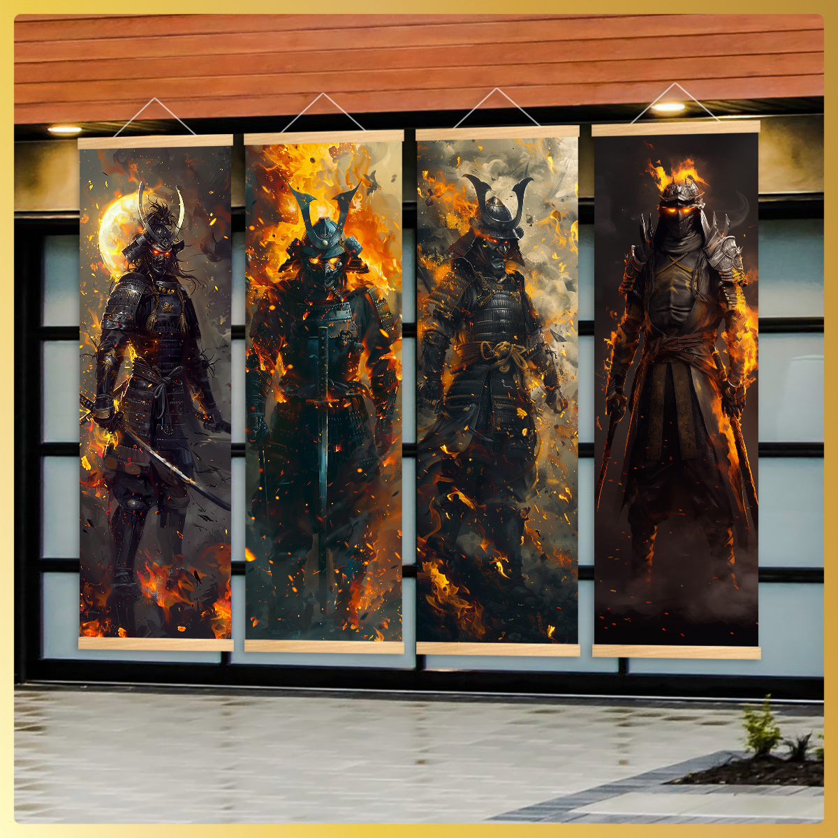 4pcs Unframed Dynamic Flaming Samurai Canvas Posters - Japanese Ukiyo-e Art Style, Odorless & HD, Ideal for Gaming Room/Living Room Decor, Perfect Gift for Japanese Culture Enthusiasts, Indoor Wall Art, Living Room Decor | Sa
