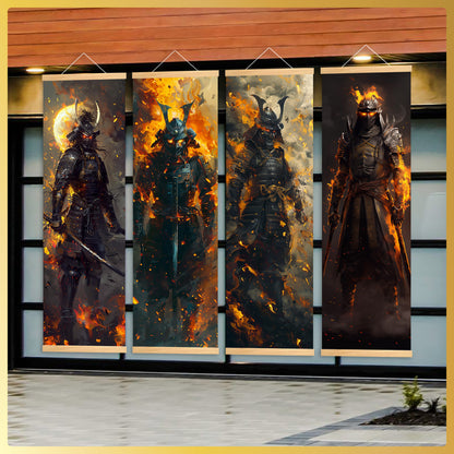 4pcs Unframed Dynamic Flaming Samurai Canvas Posters - Japanese Ukiyo-e Art Style, Odorless & HD, Ideal for Gaming Room/Living Room Decor, Perfect Gift for Japanese Culture Enthusiasts, Indoor Wall Art, Living Room Decor | Sa