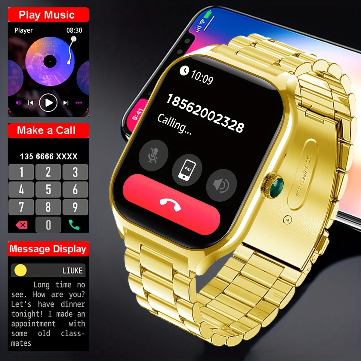 1pc Coiusor Smart Watch for Men & Women - Elegant Golden-Tone Stainless Steel, 2.01" HD Display, Wireless Calls, USB Rechargeable, Wireless 5.2, Sports Modes, Pedometer, Message Notifications, Compatible with iPhone/Android