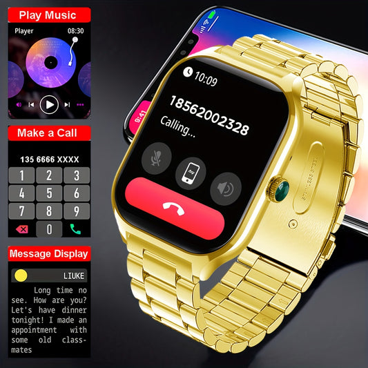 1pc Coiusor Smart Watch for Men & Women - Elegant Golden-Tone Stainless Steel, 2.01" HD Display, Wireless Calls, USB Rechargeable, Wireless 5.2, Sports Modes, Pedometer, Message Notifications, Compatible with iPhone/Android