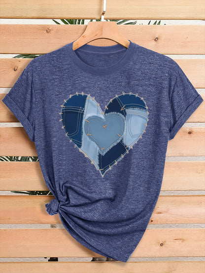 Women'S Fashion Graphic Tee, Theme Party Outfit, Local Warehouse Item, T Shirt For Women, Women Clothing Style, Heart Print Casual Top, Comfortable Blend Fabric, Breathable, All-season, Crew Neck, Short Sleeve, Machine Washab