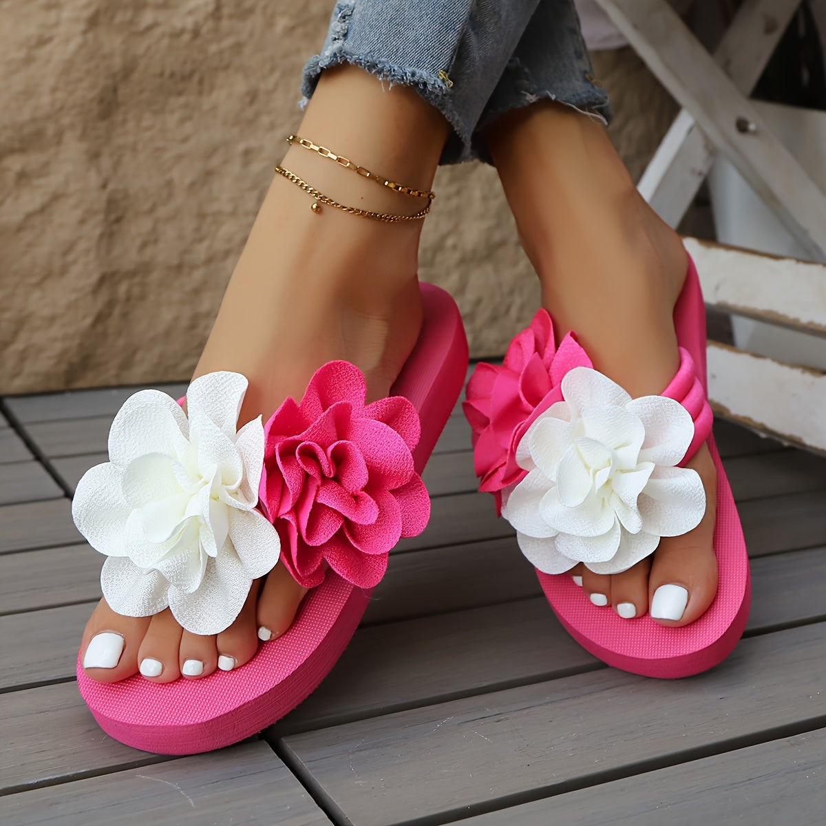 Women's Slip-On Floral sandal - Slipresistant Rubber Sole, Pink & Yellow Floral pattern, Cushioned insole - All-Season Beach, Casual, Formal Footwear - Easy-Clean Women's Shoes
