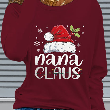 Women'S Christmas Santa Claus & Nana Claus Graphic Print Long Sleeve T-Shirt - Cozy Crew Neck Casual Top with Festive Snowflake & Santa Hat Design, Perfect For Fall/winter Holiday Celebrations, Christmas Shirts