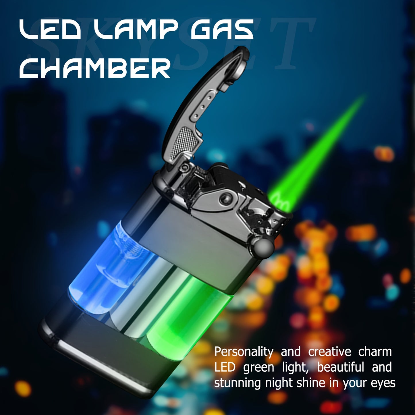 Butane Lighter with a Green Flame, a Versatile Featuring a Visible Window, Adjustable Flame Size, Wind-Resistant Design, Rocker Arm Ignition, And a Metal Casing. It'S a Stylish, Refillable Lighter That Does Not Include Butane