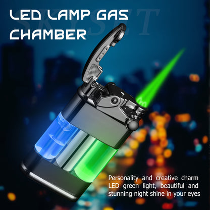 Butane Lighter with a Green Flame, a Versatile Featuring a Visible Window, Adjustable Flame Size, Wind-Resistant Design, Rocker Arm Ignition, And a Metal Casing. It'S a Stylish, Refillable Lighter That Does Not Include Butane