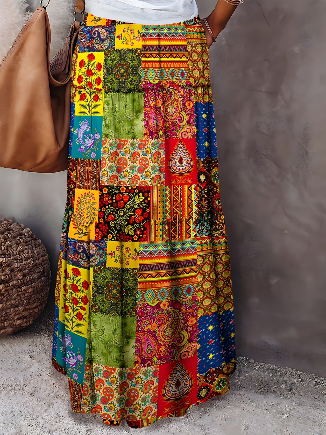 1pc Bohemian Style Women'S Maxi Skirt, 2024 Spring/Summer Collection, 100% Polyester, Geometric-Patterned, Casual Long Skirt with Frill Detail and Patchwork Design, Woven Fabric