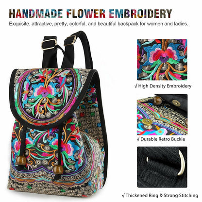 GUDAOBELL Vintage Embroidered Women's Backpack, Ethnic Style Travel Daypack  Bag, Tote Shoulder Bag