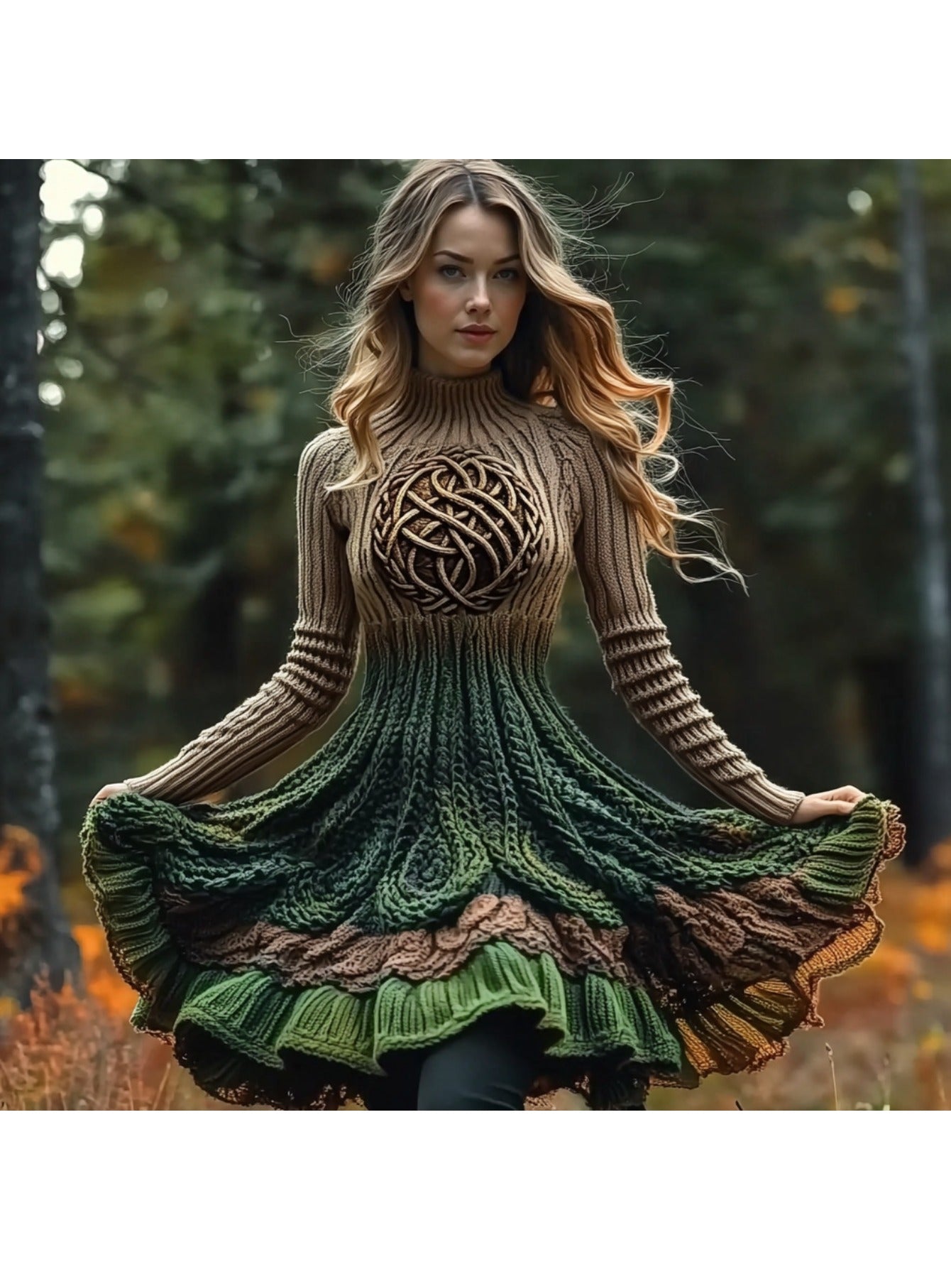 Plus Size - Autumn and Winter New Dress | Casual Versatile Temperament Fashion Slim Retro Fried Dough Twists Long Sleeve Women'S Wear, Midi Length, Slight Stretch Fabric, Lapel Collar, Weekend Casual Style.