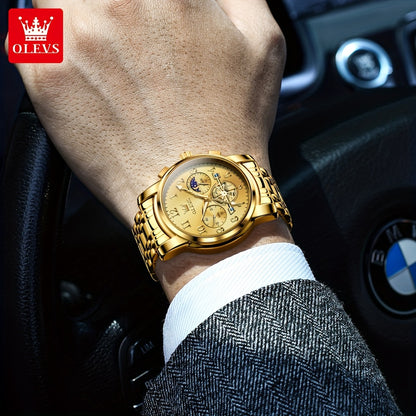 OLEVS Men's Luxury Multifunctional Quartz Watch - Stainless Steel Luminous Analog Watch with Moon Phase, Chronograph, Date/Day/24H Indicator, Golden-Tone & Bracelet for Business, Casual, Casual Attire - Dress Watch