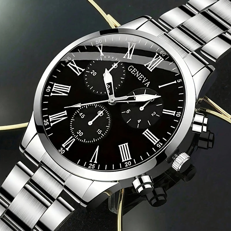3pcs Set Men's Watch & Necklace Bracelet Set - Quartz Movement Analog Watches with Matching Bracelets, Analog with Hour/Minute/Second Hands, Round Face Business & Casual Wristwatch Collection for Gifts for Men (-)