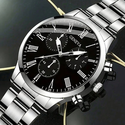 3pcs Set Men's Watch & Necklace Bracelet Set - Quartz Movement Analog Watches with Matching Bracelets, Analog with Hour/Minute/Second Hands, Round Face Business & Casual Wristwatch Collection for Gifts for Men (-)