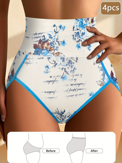 4pcs Rose Big Flower Panties - High Waisted Stretchy Soft Hipster Triangles - Women's Underwear and Panties
