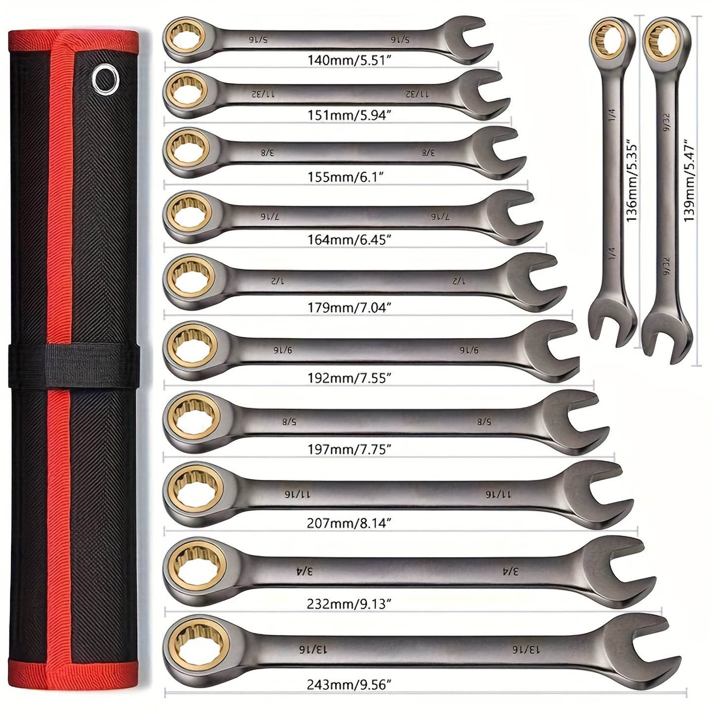 12pcs Nickel Plating Fixed Head Ratchet Wrench Set, Combination Wrench Set Metric 8-19mm&SAE 1/4-13/16Inch, With Rolling Pouch, 72-Tooth Industrial Chrome Vanadium Steel, For Motorcycle And Bicycle Maintenance, Gift For Dad&H