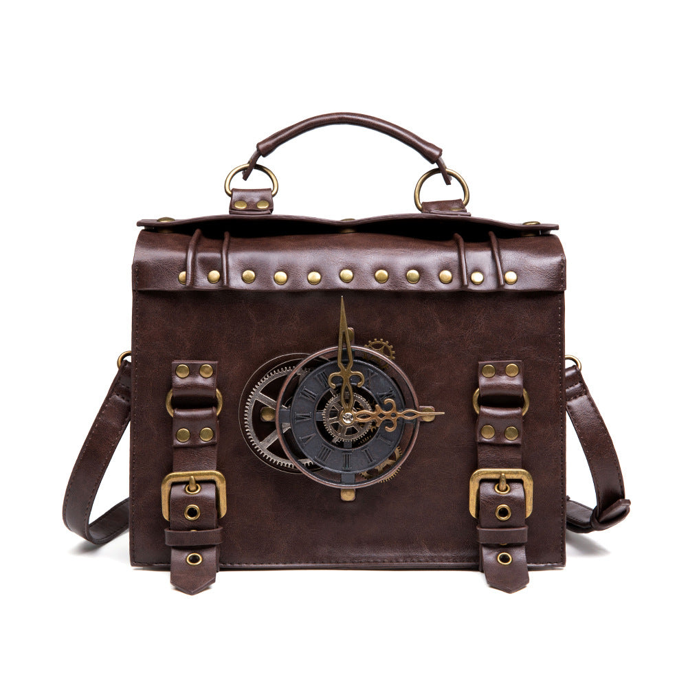 Vintage Steampunk Shoulder Bag - Brown with Gear Accents, Detachable Crossbody Strap, Perfect for Halloween & Parties, Gothic Purse